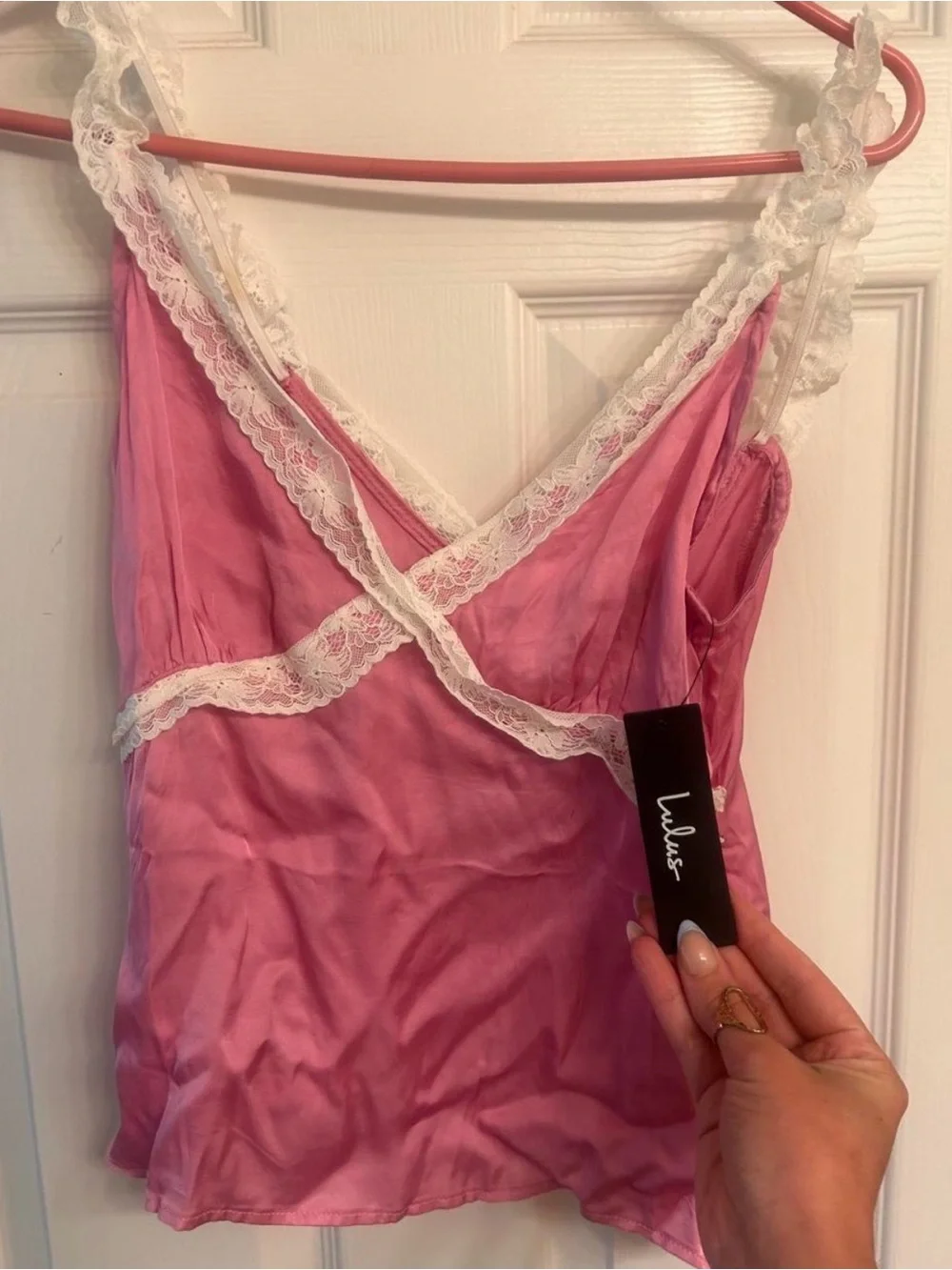 Lulu's Pink Satin Lace-Trim Chemise Cami